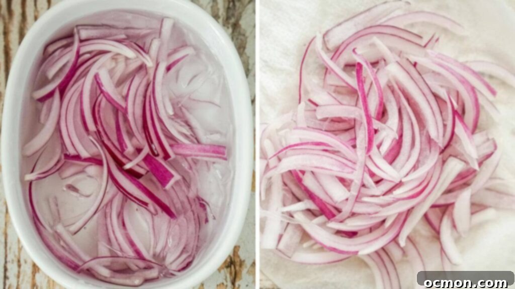 On the left, a thinly sliced red onion in an ice bath. On the right, the red onion is dried on a white towel.