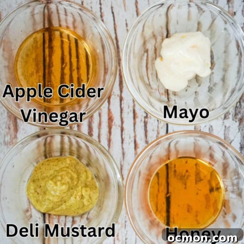 Four clear bowls with apple cider vinegar, mayo, deli mustard, and honey.