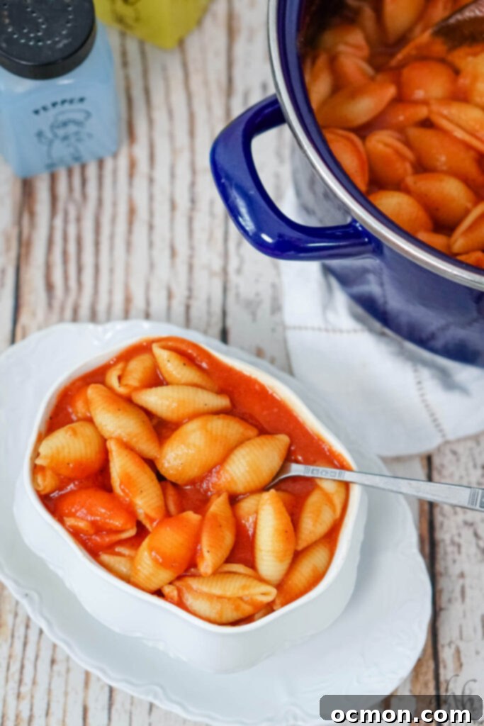 A serving of Old Fashioned Tomato Macaroni sits in a white bowl next to a blue stockpot, highlighting its comforting appeal.