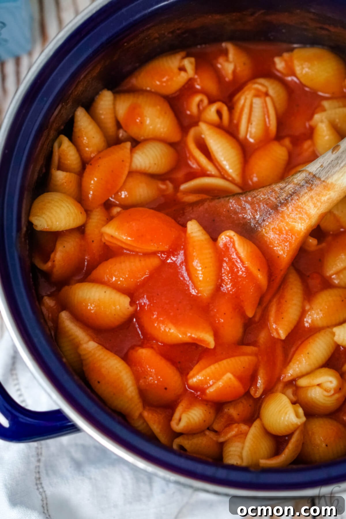 A hero shot of a bowl of Old Fashioned Tomato Macaroni, highlighting its appealing red color and shell pasta.
