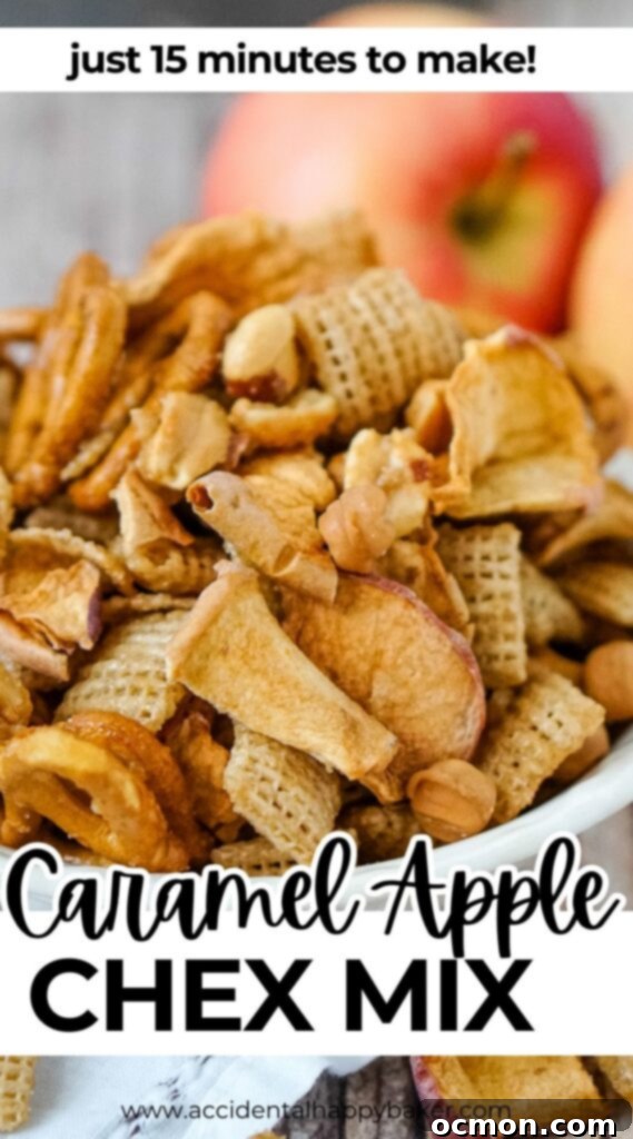 Caramel Apple Crunch Mix 11 A large serving of Caramel Apple Chex Mix in a white bowl, with a smaller bowl of dried apple chips and caramel bits on the side, emphasizing the main ingredients and the finished product's appeal. It's an addictive sweet and salty fall snack ready in 15 minutes.