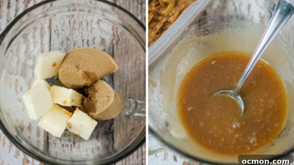 Caramel Apple Crunch Mix 6 Chunks of butter and brown sugar are melted together and stirred in a separate microwaveable bowl, creating a rich caramel-like coating.