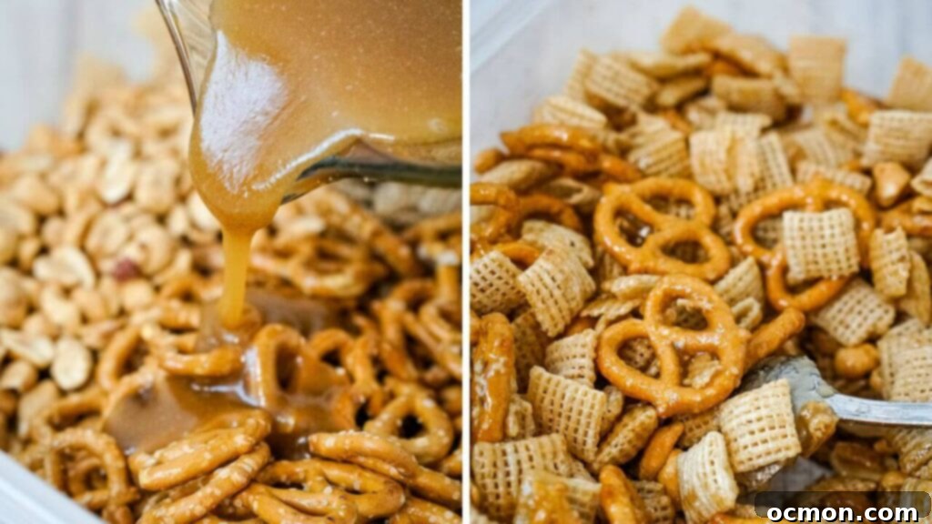 Caramel Apple Crunch Mix 7 The butter and brown sugar mixture is poured over the cereal mixture and carefully stirred with a spoon to ensure an even coating on all pieces.