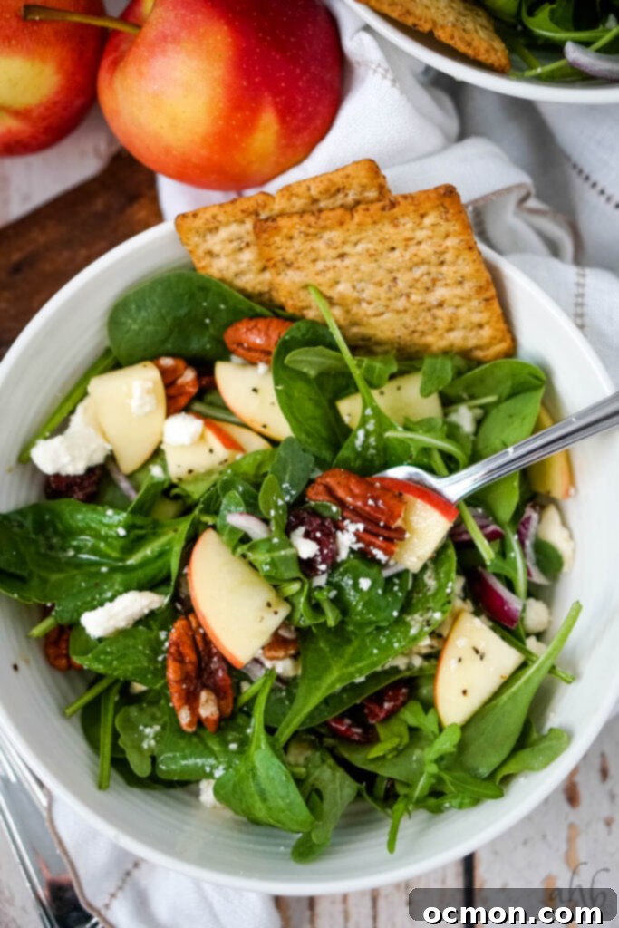 A beautifully composed serving of Apple Feta Spinach Salad, artfully garnished with two savory crackers and accompanied by a fork, inviting a delightful culinary experience. 