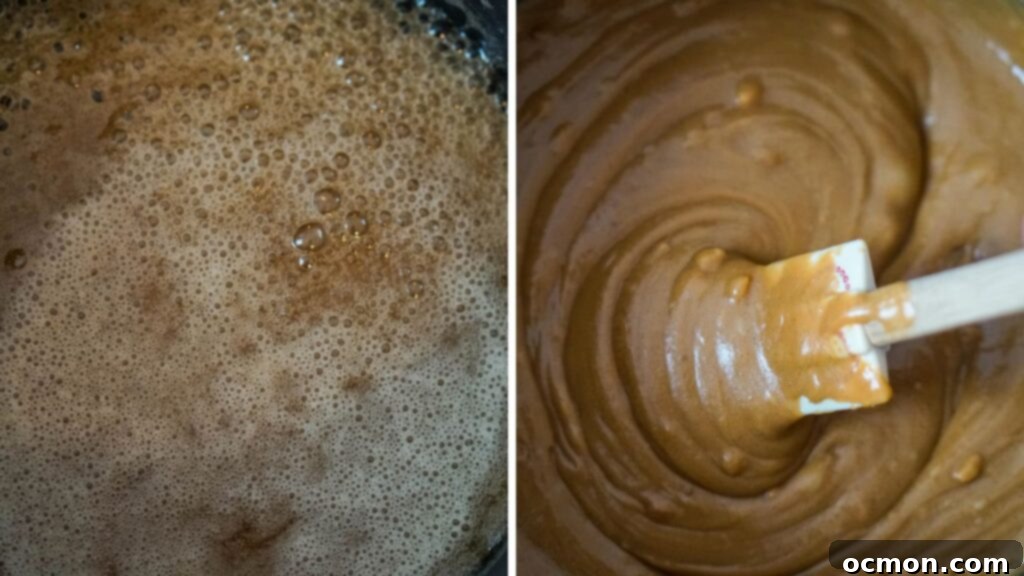 The sugar and corn syrup are boiled until they form a smooth consistency which is then stirred by a spatula.