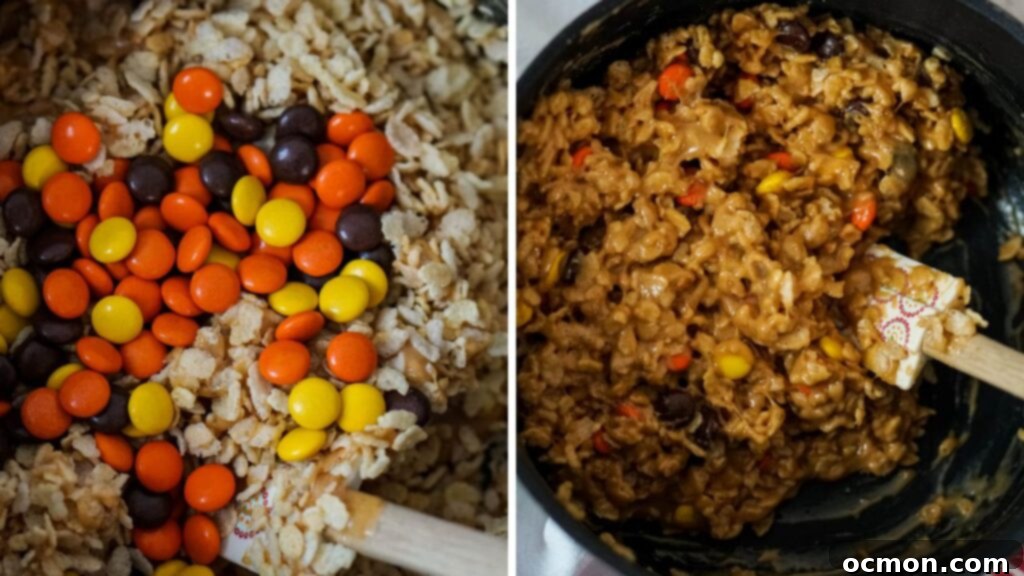 Rice Krispies and Reese's pieces are stirred into the smooth mixture.