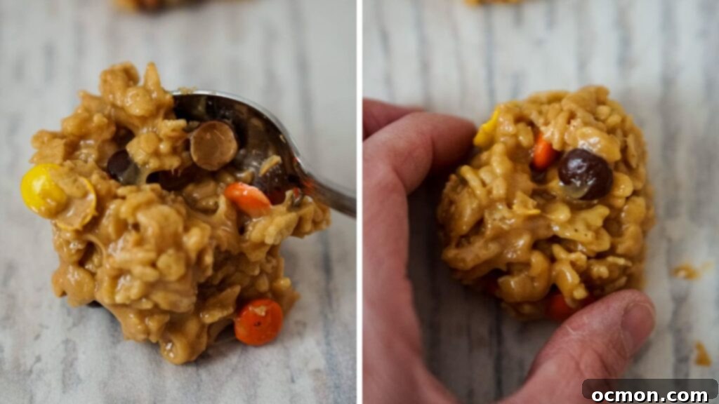 A spoonful of the cookies mixture is place onto a baking sheet covered with parchment paper. A person then shaped the mixture into a ball with their fingers.
