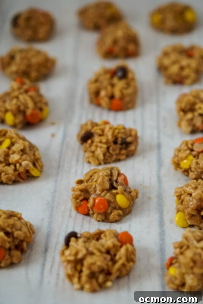 A tray full of Rice Krispies No Bake Cookies cools.