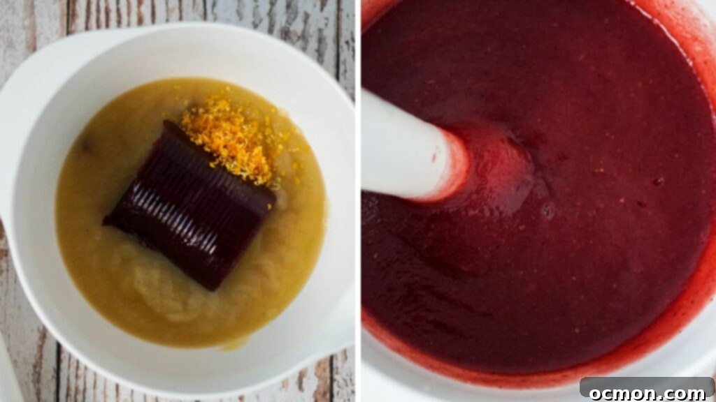 A collage image that shows the ingredients to make cranberry orange fruit leather and then mixture being blended with an immersion blender.