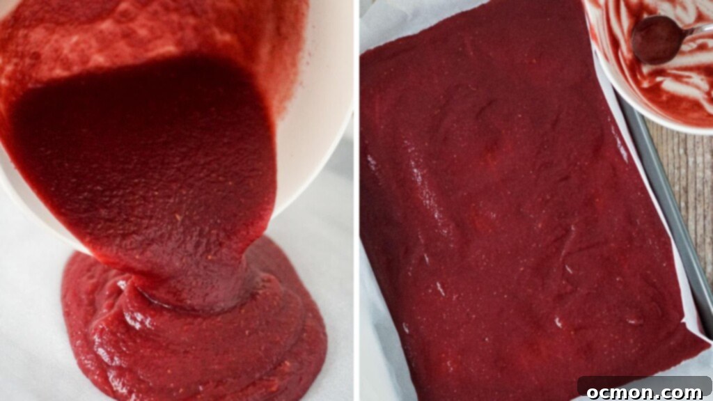 A collage image that shows pouring of the cranberry mixture onto the half sheet pan and then the mixture after it has been evenly spread.