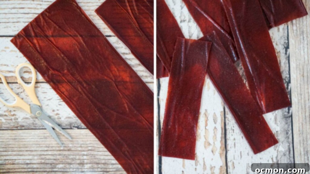 A collage image that shows cutting the cranberry orange fruit leather with scissors. 