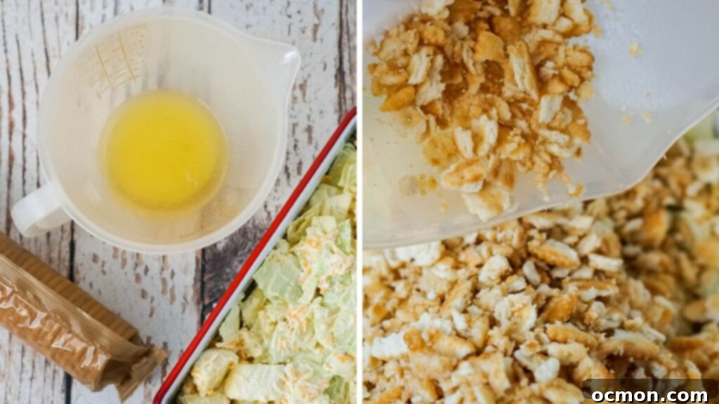 Effortless Creamy Cabbage Bake 6 Melted butter is mixed with crushed Ritz cracker crumbs in a small bowl, ready to be spread over the cabbage mixture.