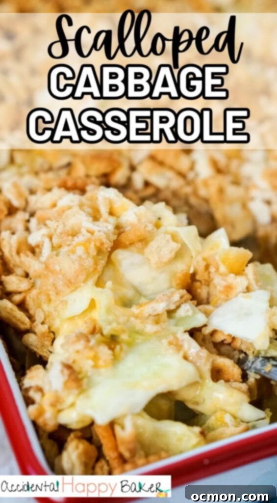 Effortless Creamy Cabbage Bake 9 A top-down shot of the finished Easy Scalloped Cabbage Casserole, showcasing its golden-brown, crunchy topping and creamy interior, perfect for pinning.