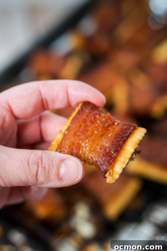 Cajun Caramelized Bacon Cracker Crunch 3 A hand holding a perfectly crispy Cajun Candied Bacon Cracker, showcasing its golden-brown texture.