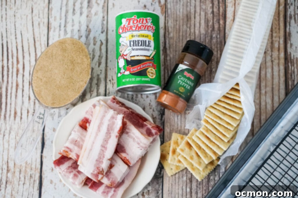 Cajun Caramelized Bacon Cracker Crunch 4 A collection of ingredients for Cajun Candied Bacon Crackers: a bowl of brown sugar, raw sliced bacon, Tony Chachere's Creole seasoning, cayenne pepper, and a sleeve of saltine crackers.