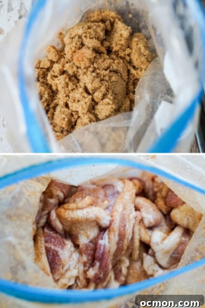 Cajun Caramelized Bacon Cracker Crunch 5 Brown sugar, cajun seasoning, and cayenne pepper mixed together into a Ziploc bag. Then bacon pieces are added to the bag and mixed in the seasoning.