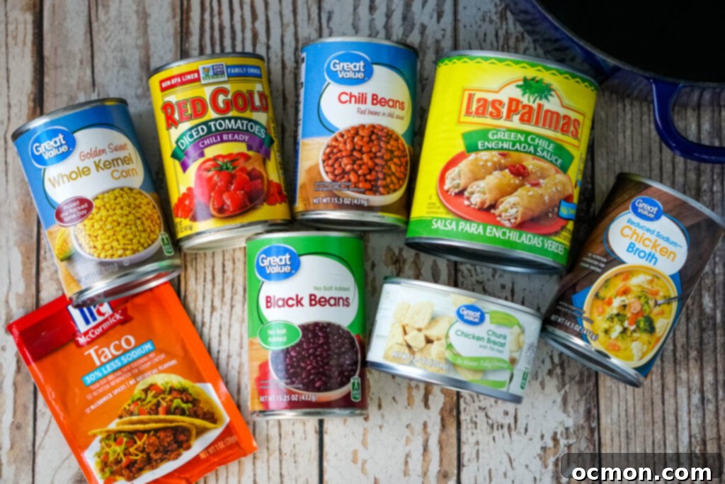 Cans of Whole Kernel Corn, Red Gold Diced Tomatoes, Chili Beans, Las Palmas Green Chile Enchilada Sauce, Reduced Sodium Chicken Broth, Black Beans, Chunk Chicken Breast, and low sodium taco seasoning. 