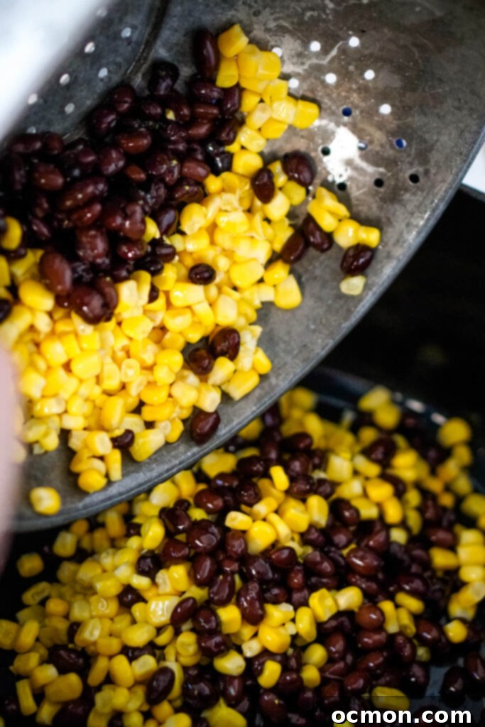 Corn and black beans that have been drained and rinsed.