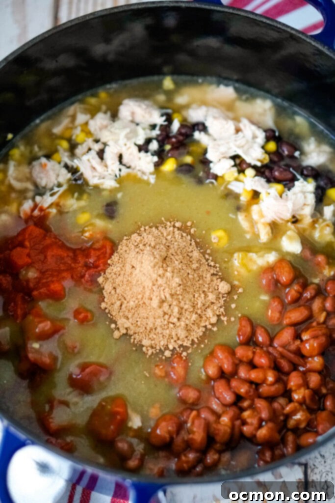 All of the ingredients are added to a stock pot and combined together. 