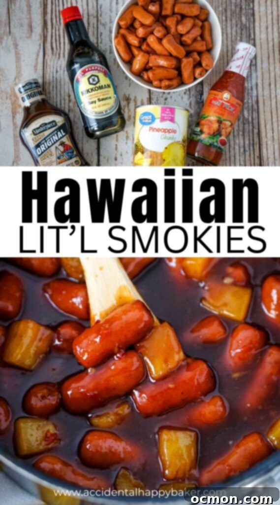 Aloha Smokies 11 A stunning vertical shot of Hawaiian Lit'l Smokies in a vibrant sauce with pineapple chunks, perfect for pinning and sharing.