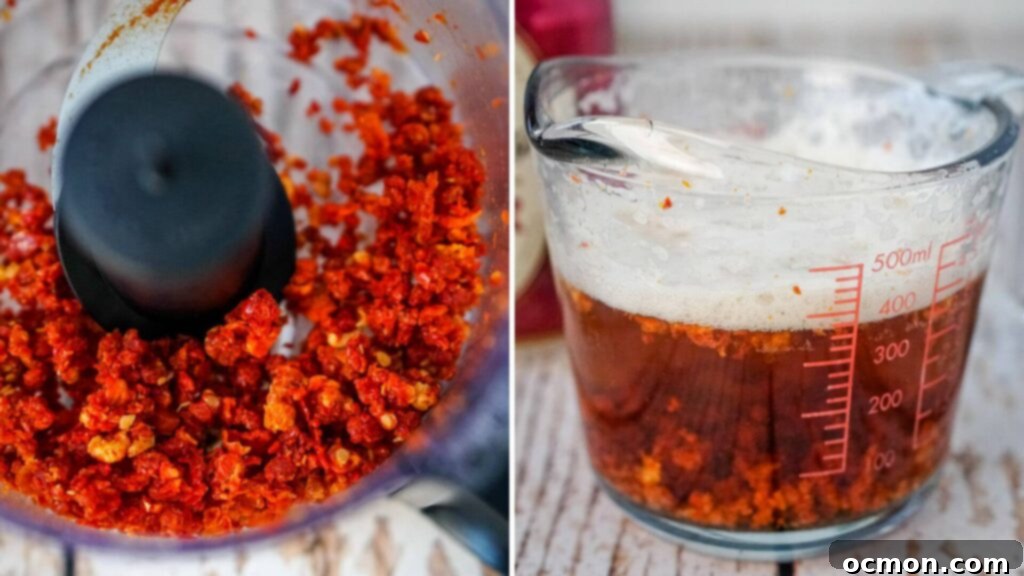 Sun-dried tomatoes are finely ground in a food processor and then steeped in a bowl of beer, preparing them for infusion.
