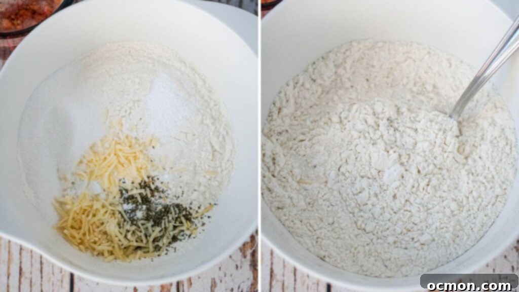 A mixing bowl contains all-purpose flour, minced garlic, Italian seasoning, two tablespoons of Parmesan cheese, sugar, salt, and baking powder, ready to be combined.
