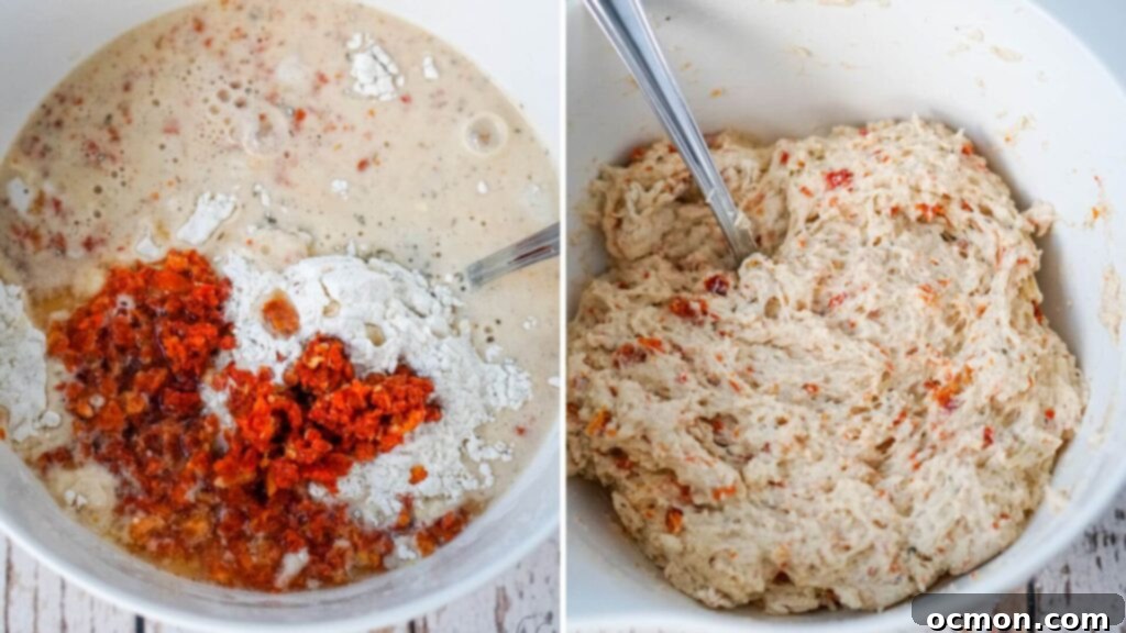 Wet and dry ingredients are mixed together in a bowl until just combined, forming a rustic bread batter.