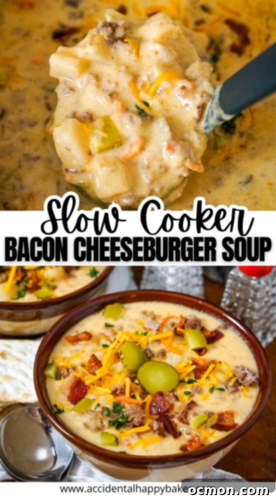 Creamy Slow Cooker Bacon Cheeseburger Soup 11 This easy cheesy Slow Cooker Bacon Cheeseburger Soup is so simple to make! Only 3 steps to a comforting and creamy soup that’s full of hamburger, bacon, cheese, and potatoes, presented in a mouth-watering hero shot.