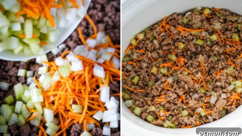 Creamy Slow Cooker Bacon Cheeseburger Soup 6 Shredded carrots, chopped celery, and chopped onion are added to browned ground beef in a skillet, then transferred to a slow cooker, starting the soup base.