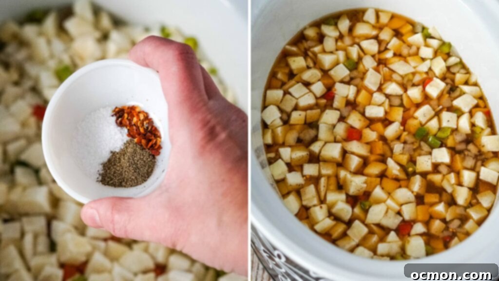 Creamy Slow Cooker Bacon Cheeseburger Soup 7 Frozen hash browns, beef broth, and seasonings are added to the slow cooker containing browned beef and sautéed vegetables, preparing for slow cooking.