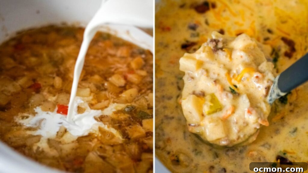 Creamy Slow Cooker Bacon Cheeseburger Soup 8 Half and half is poured into the slow cooker, then gently stirred with a ladle, preparing the creamy base of the bacon cheeseburger soup.