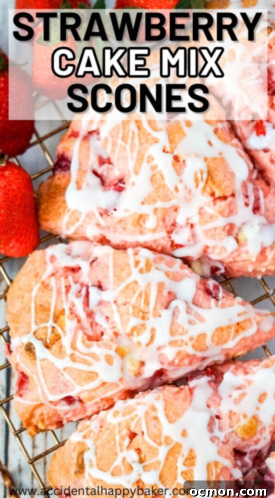 Strawberry Cake Scone Magic 12 These pretty pink strawberry cake mix scones are bursting with strawberry flavor with bits of strawberries and white chocolate chips inside and a creamy vanilla glaze drizzled on top.
