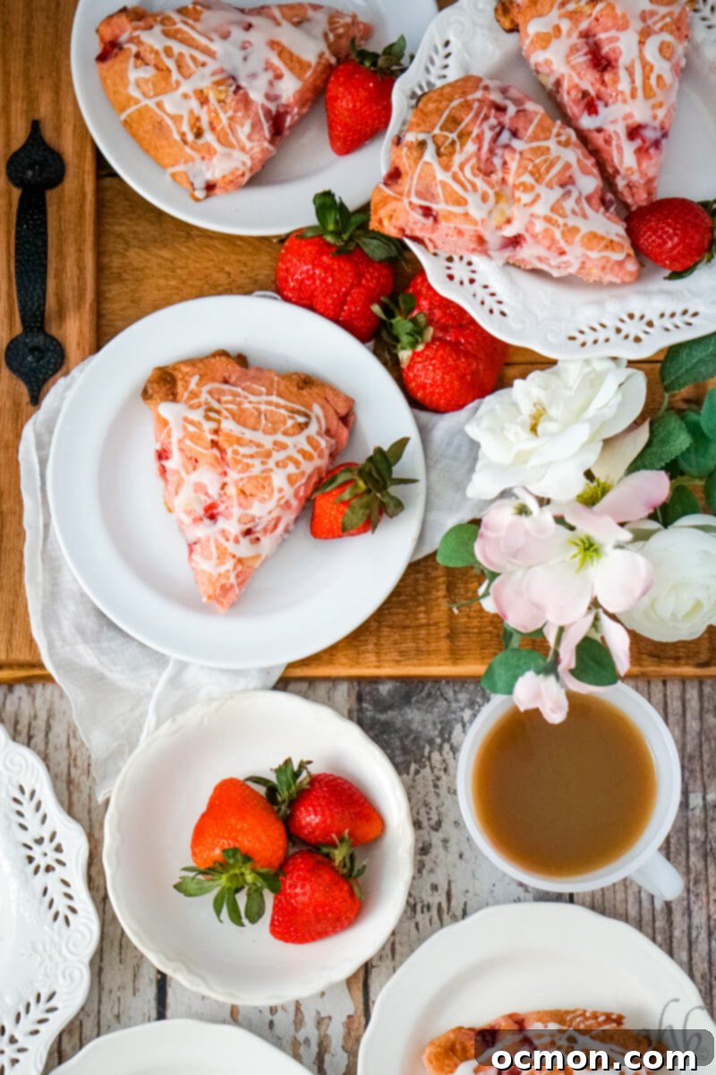 Strawberry Cake Scone Magic 3 A wooden serving tray holds many small white plates bearing scones and fresh strawberries with flowers and coffee to one side.
