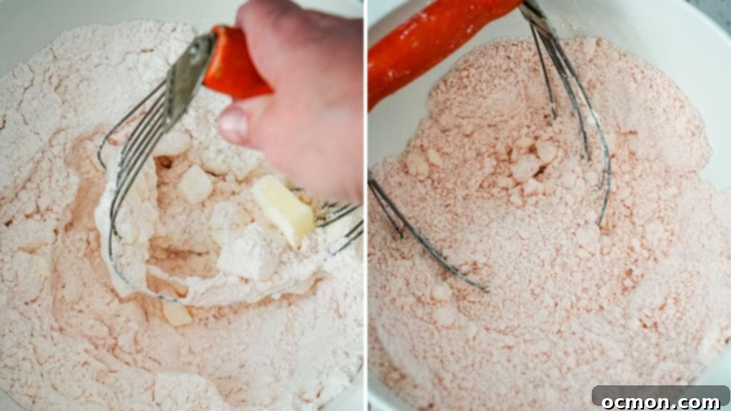 Strawberry Cake Scone Magic 5 A collage image that shows cutting in the butter into the flour and cake mix.