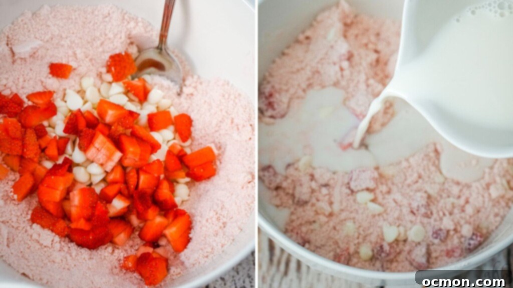 Strawberry Cake Scone Magic 6 A collage image that shows the steps of adding the strawberries, white chocolate chips and milk to the strawberry cake mix scones.