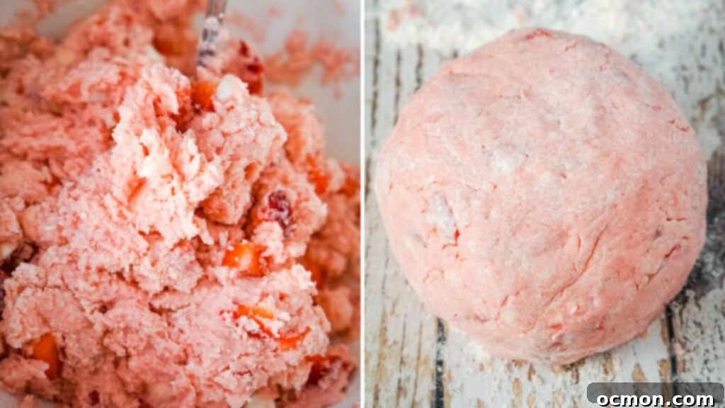 Strawberry Cake Scone Magic 7 A Collage image that shows the scone dough after it's been mixed and then shaping the dough into a ball.