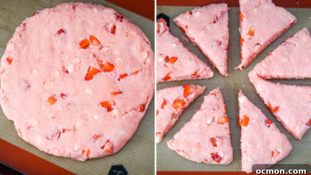 Strawberry Cake Scone Magic 8 A collage image that shows how to shape and flatten the scone dough and then cut it into wedges.
