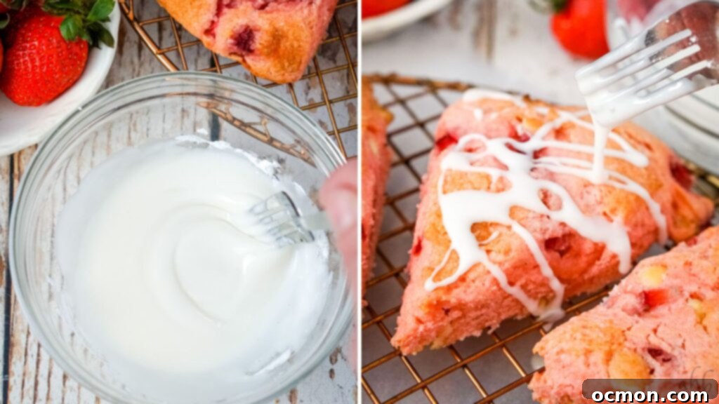 Strawberry Cake Scone Magic 10 A collage image that shows mixing up the glaze and then drizzling the glaze over the baked strawberry cake mix scones.