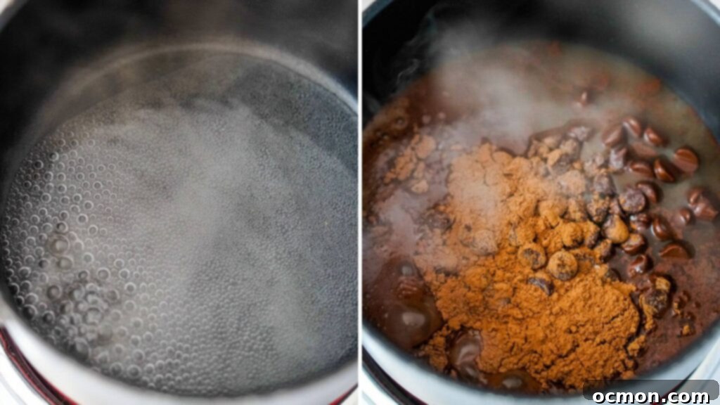 A pot of boiling water. Then, the chocolate is melted in the pot.