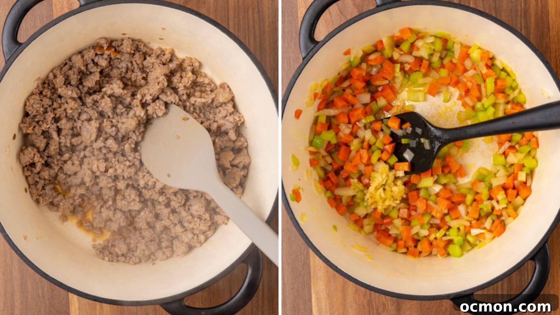 Effortless Sausage Pasta Fagioli 6 On the left, ground beef is browned and then drained in the stockpot. On the right, the beef has been removed and the veggies are softened with olive oil.