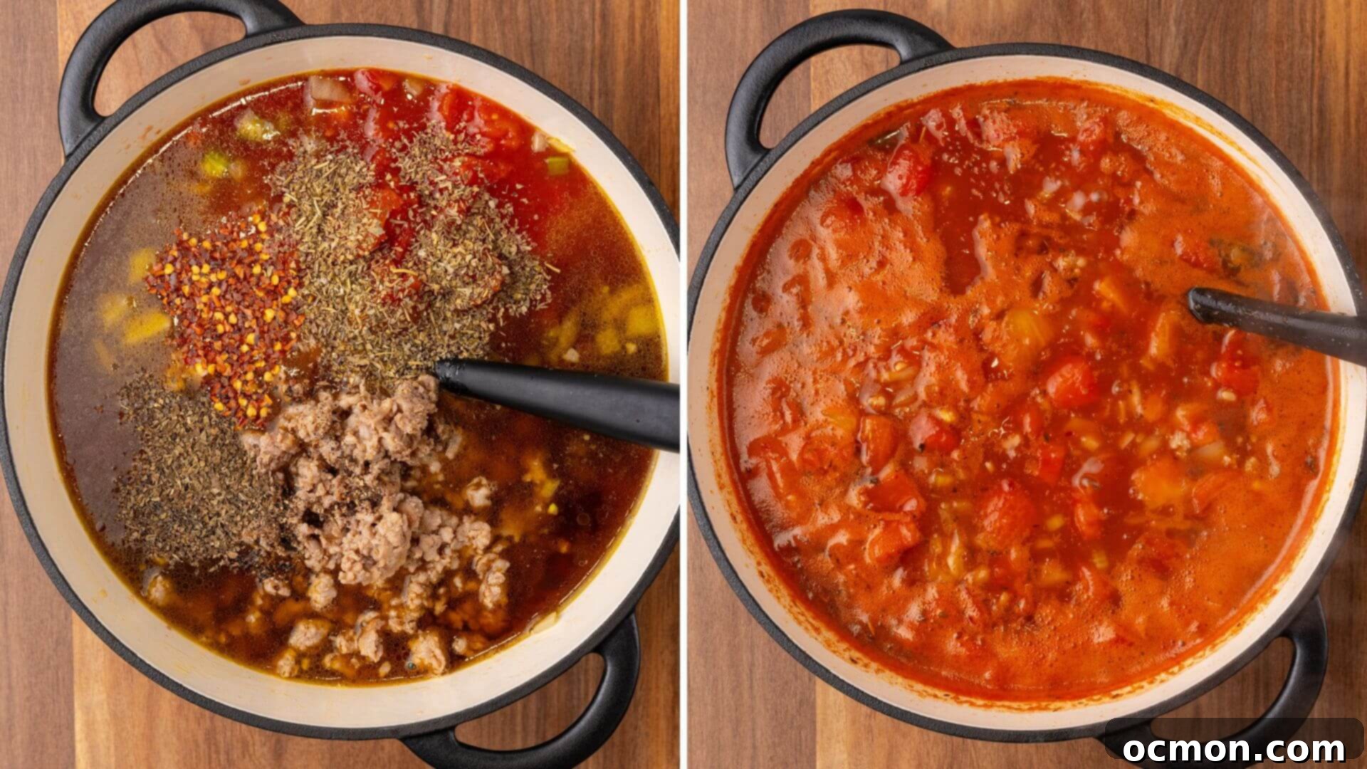 Effortless Sausage Pasta Fagioli 7 All of the ingredients except for the pasta and the beans are added to the stock pot, stirred, and then simmered for 15-20 minutes.