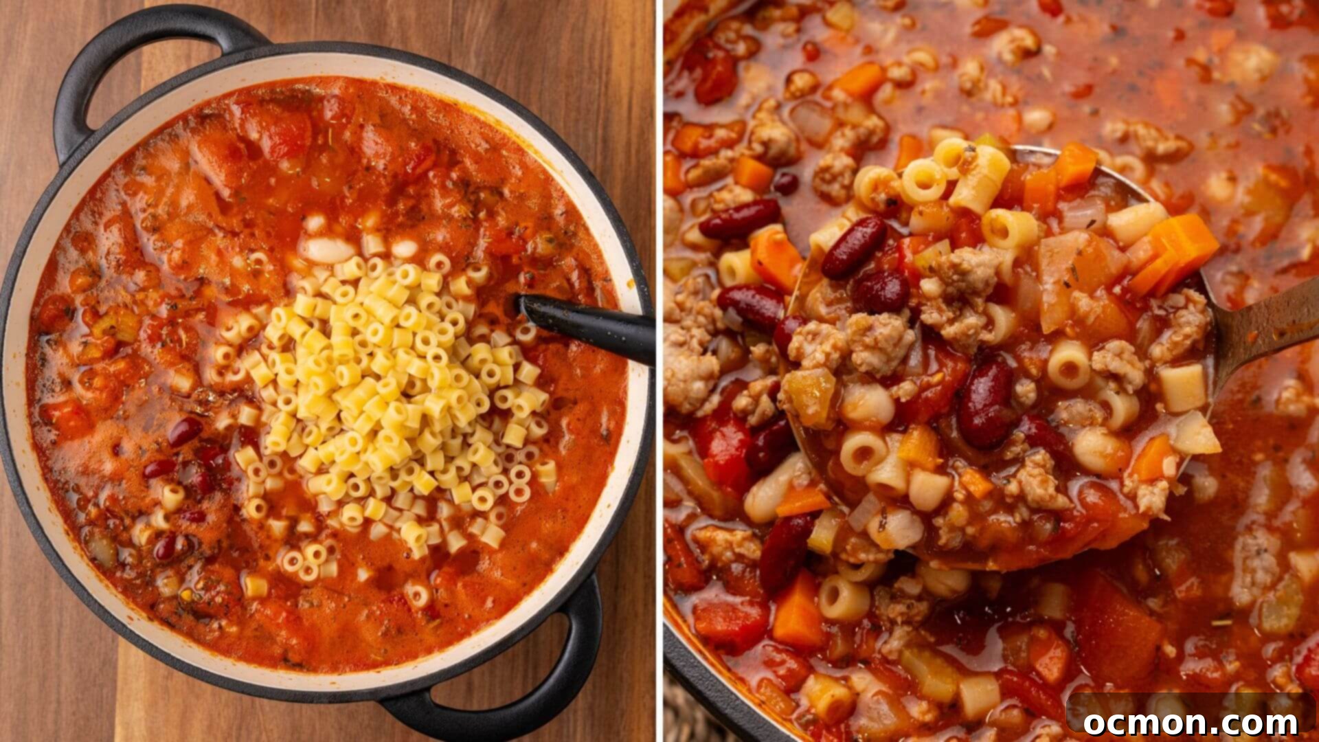 Effortless Sausage Pasta Fagioli 9 The pasta and beans are added to the pot and the ingredients are stirred together with the ladle.