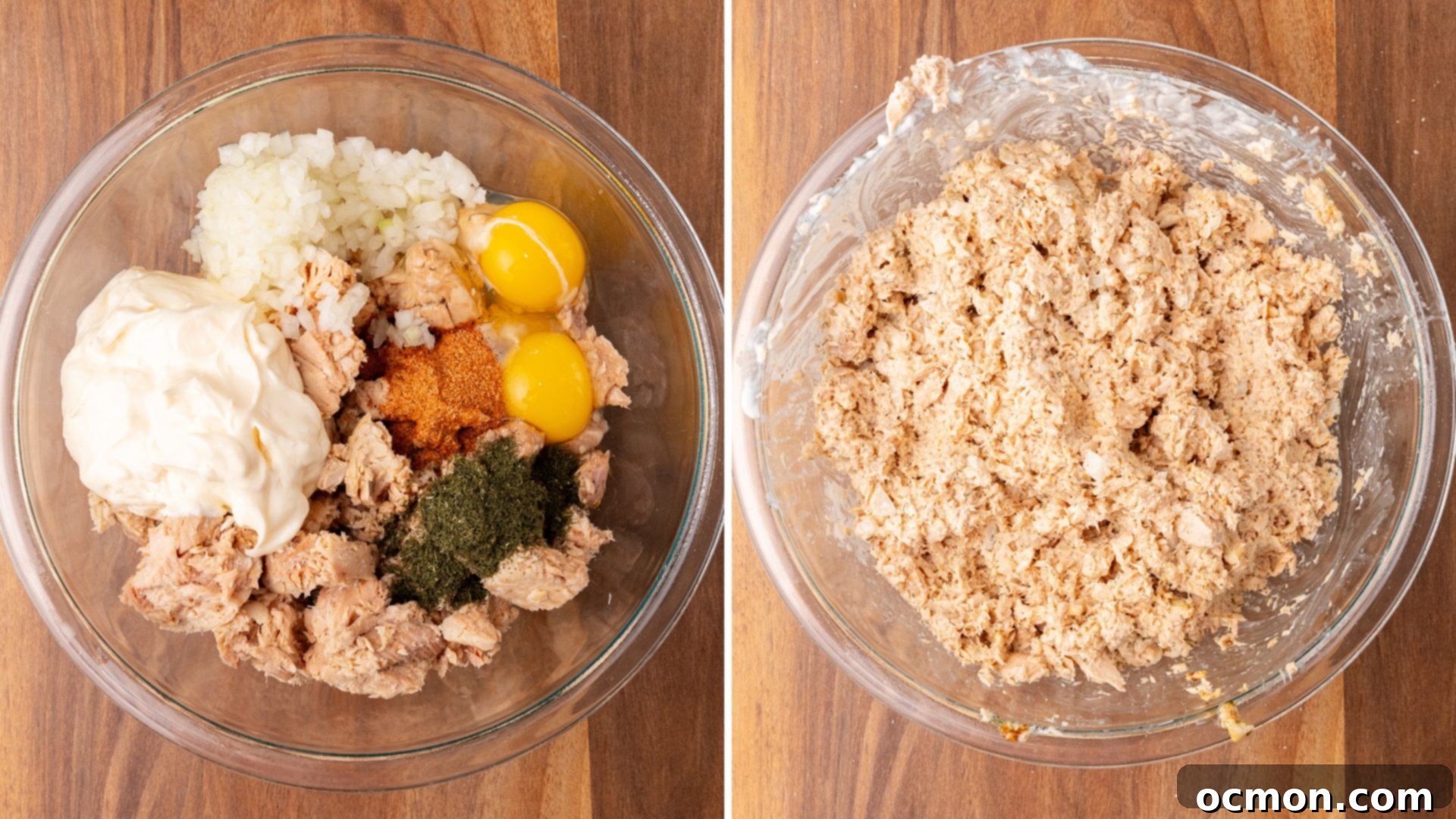 Grandma's Classic Salmon Patties 5 The ingredients are added to a glass bowl and then mixed together.