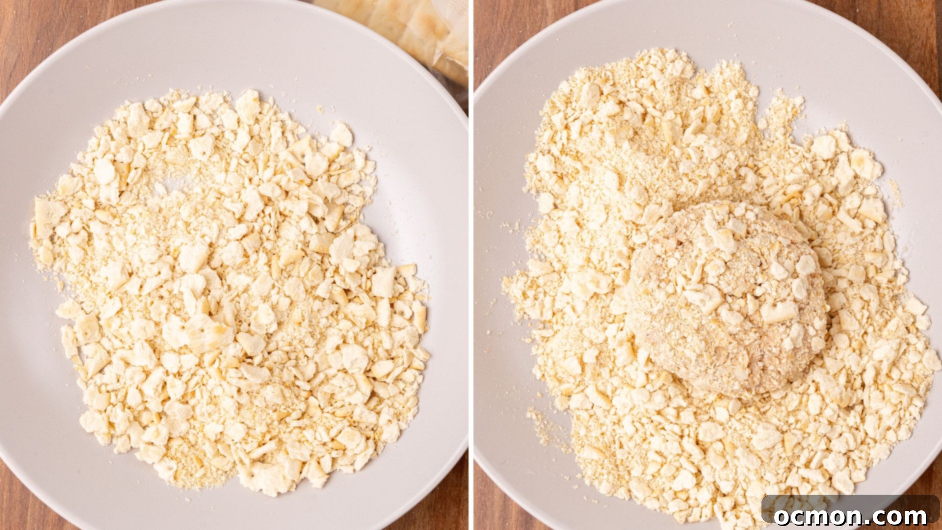 Grandma's Classic Salmon Patties 6 The saltine crackers are crushed on a plate. Then a salmon patty is coated with the cracker crumbs.