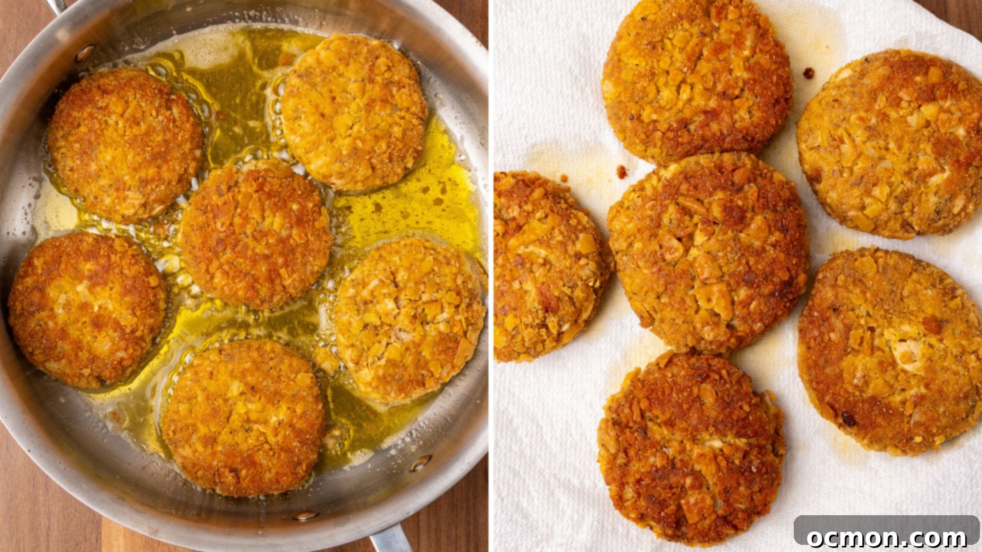 Grandma's Classic Salmon Patties 8 Five salmon patties are frying in the oil, then they are moved to a plate covered with a paper towel to rest.