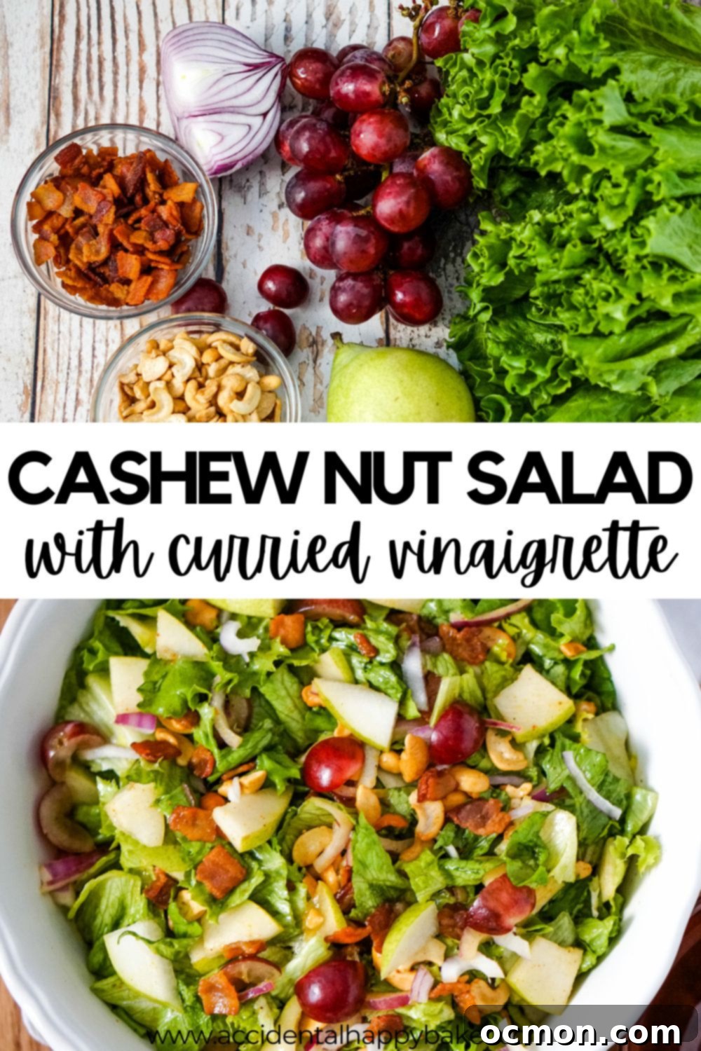 Zesty Cashew Crunch 12 This isn't your typical side salad. Cashew Nut Salad combines cashews, bacon, pears and grapes with mixed greens and a snappy curried vinaigrette for an easy salad recipe that will liven up any meal!