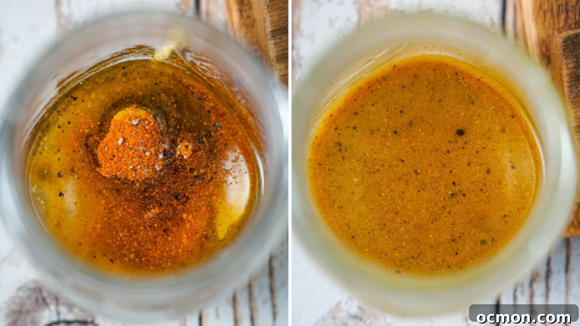 Zesty Cashew Crunch 8 The ingredients for the curried vinaigrette dressing are added to a mason jar, which is then shown being shaken vigorously to thoroughly combine all components.