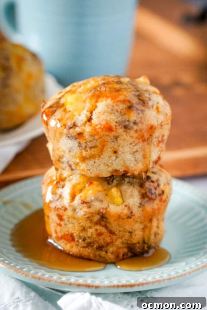 Two McGriddle muffins are stacked on a light blue plate and covered in syrup.