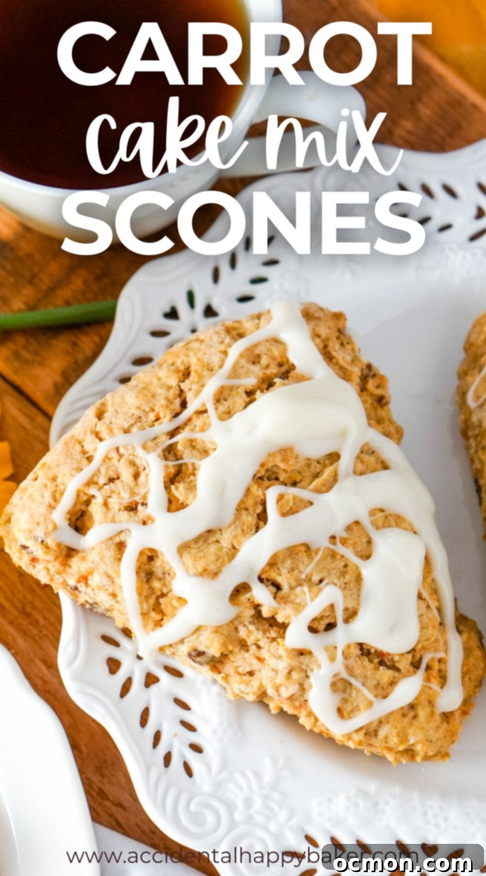 A vibrant and appetizing close-up of a stack of Carrot Cake Mix Scones, each topped with a generous swirl of cream cheese glaze, perfect for a Pinterest pin.