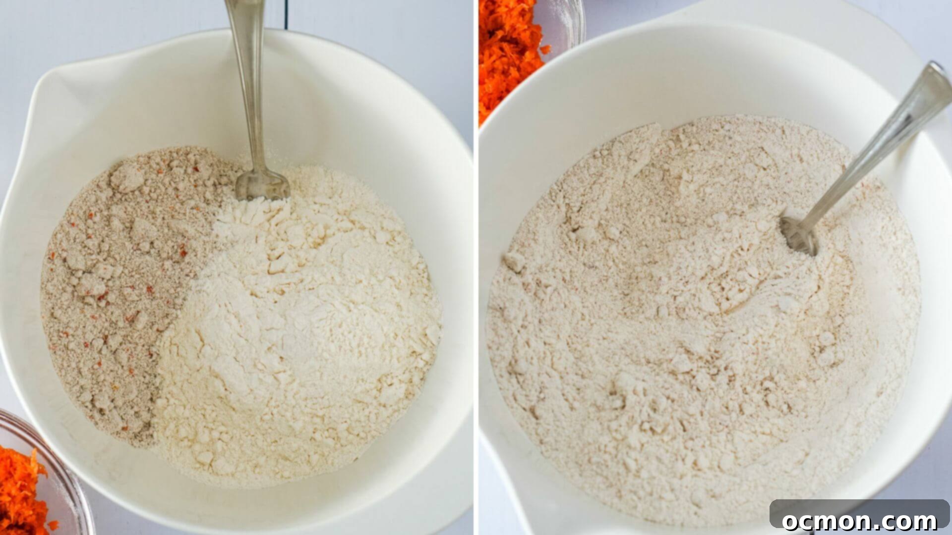 The initial dry ingredients, including flour and carrot cake mix, are combined in a mixing bowl before cold butter is added and cut in.